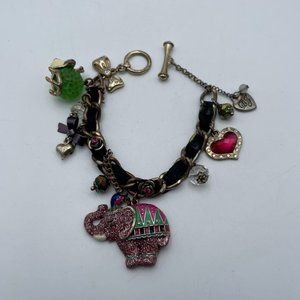 Betsey Johnson Gold Tone Enamel Elephant & Heart Multi-Charm Toggle Bracelet